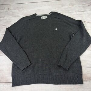 Original Penguin Sweater Men's Large Gray Waffle Knit Crewneck Pullover Logo EXC